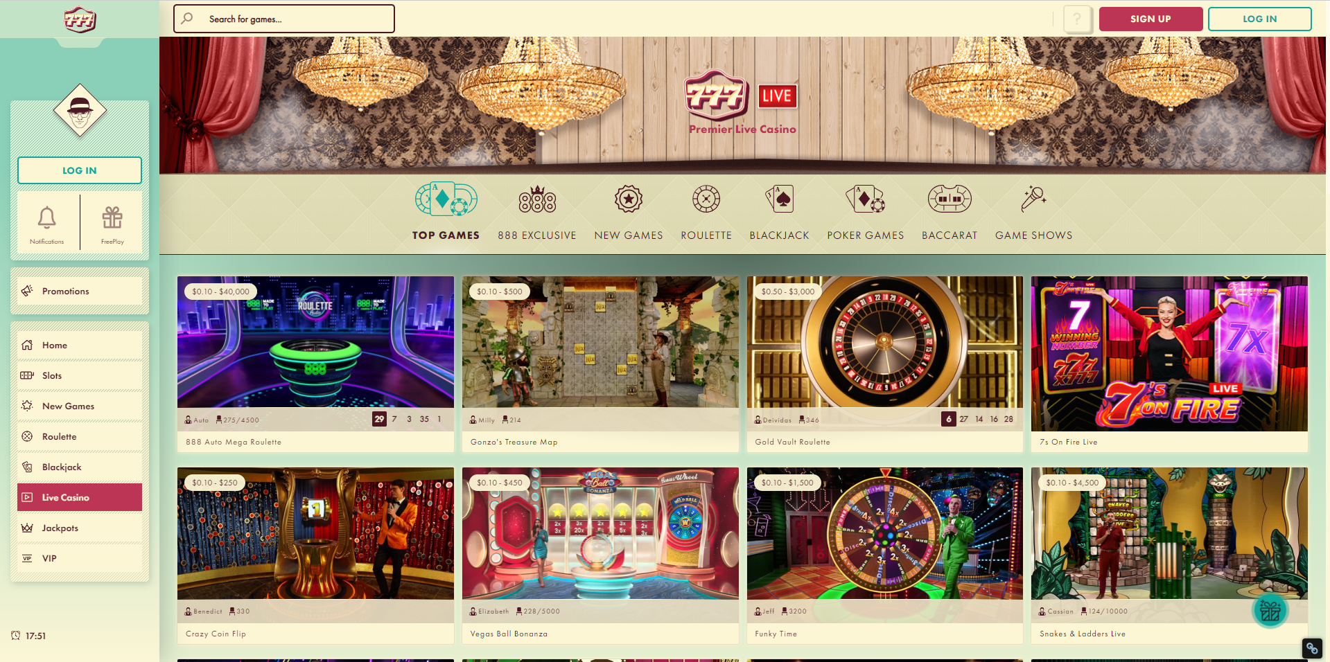 Play 777 Live Casino: Three Card Poker, Casino Hold'Em Poker. etc.