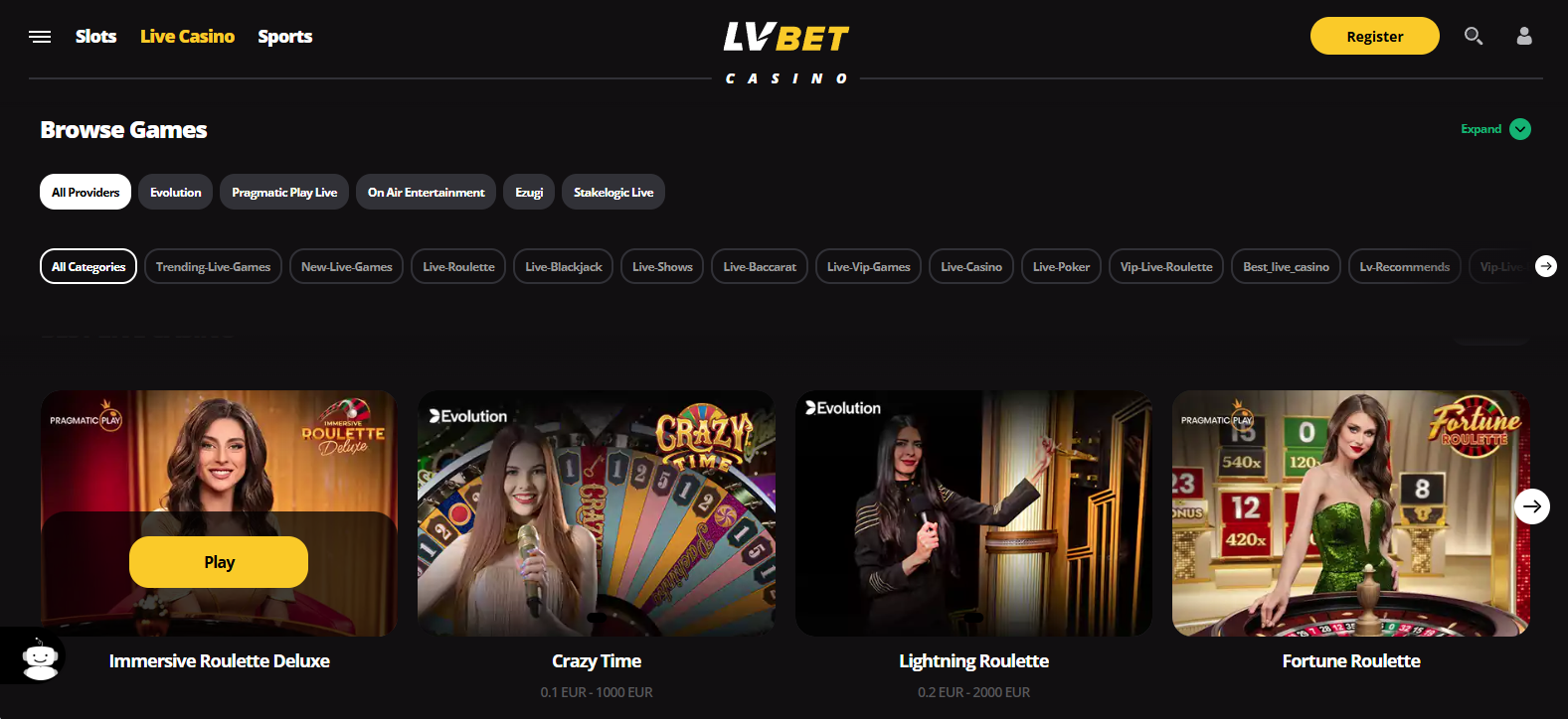 LV Bet casino live games